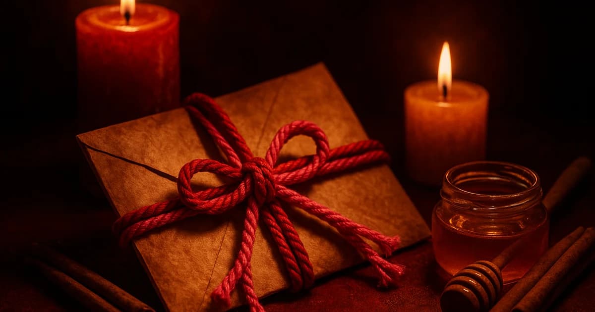 Amarre de amor: cordones entrelazados junto a velas encendidas sobre un altar