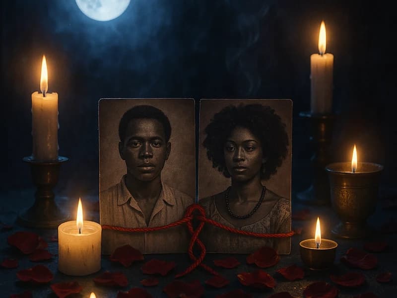 Altar de amarre de amor iluminado por la luz de la luna con velas y ofrendas