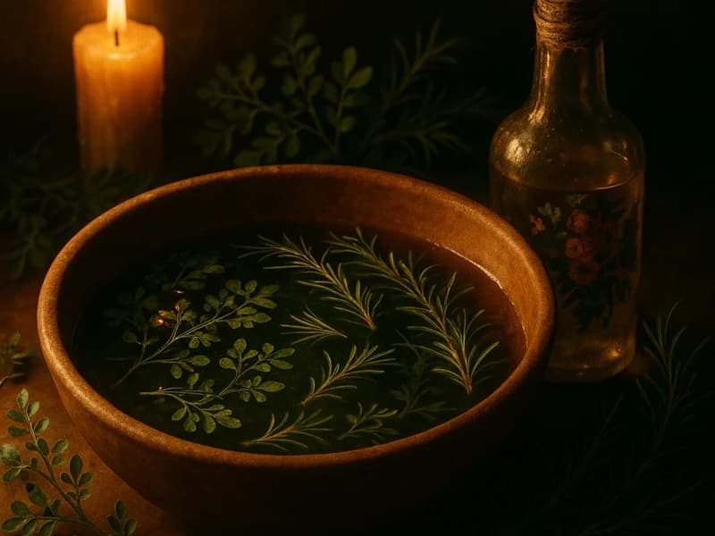 Cuenco con infusión de ruda y agua florida lista para un baño ritual