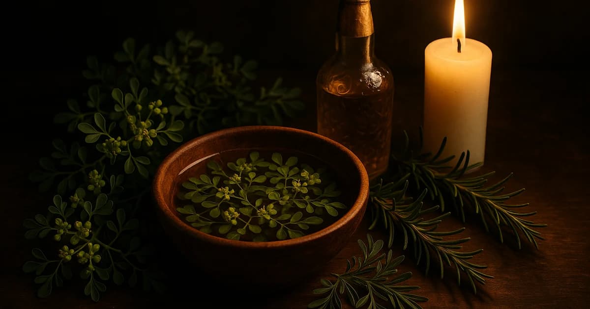 Cuenco con infusión de ruda fresca y agua florida para un baño ritual