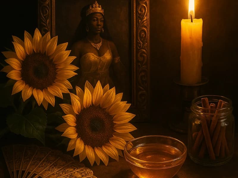 Altar a Oshún con miel, girasoles, abanico dorado y velas rosas