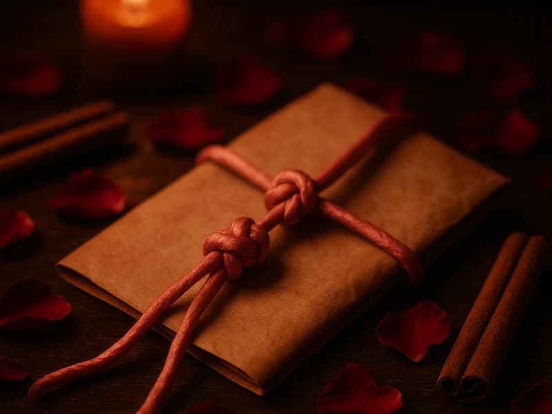 Cordón rosa anudado sobre papel con pétalos y canela