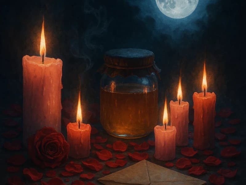 Altar de amor iluminado por la luna con velas y rosas