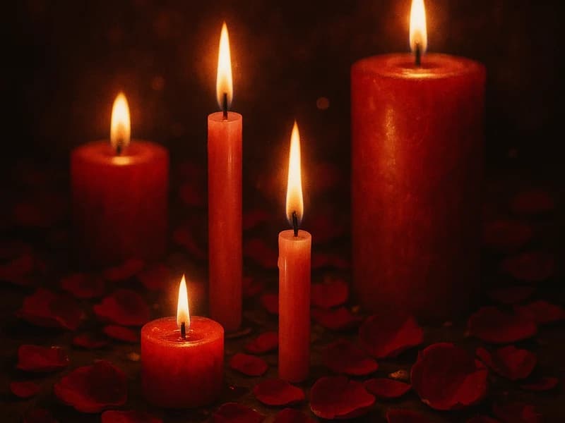 Velas rosas y rojas dispuestas en un altar para un hechizo de amor
