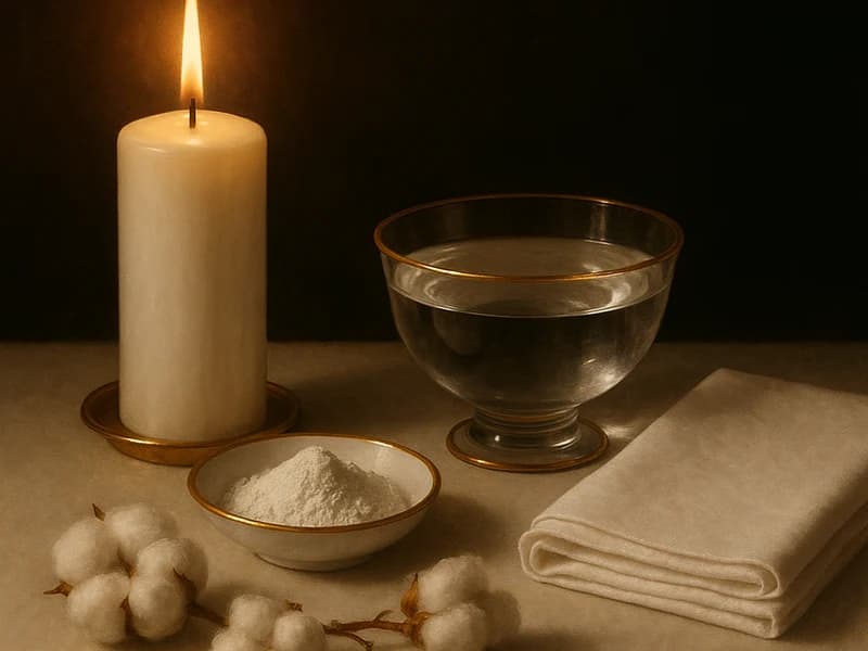 Altar de limpieza espiritual con vela blanca, cascarilla, agua y algodón