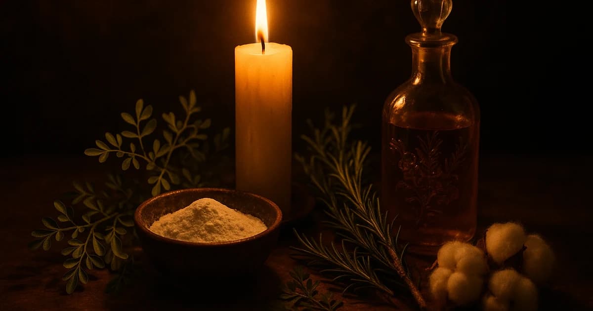 Altar de limpieza espiritual con velas blancas, cascarilla y hierbas frescas