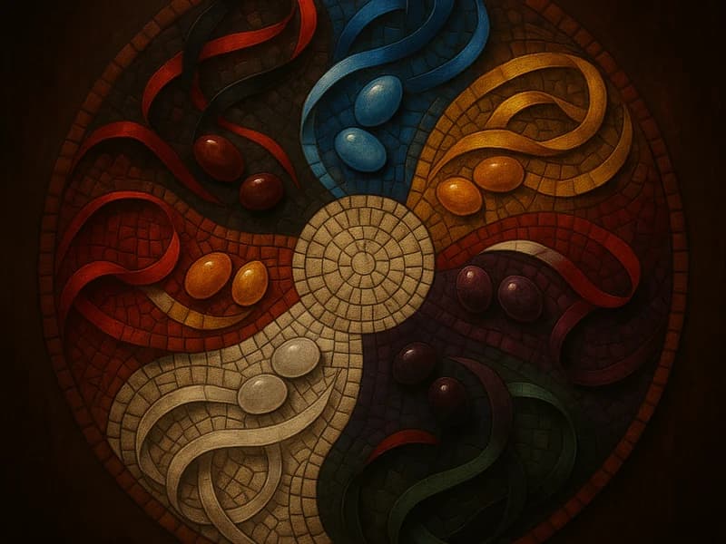 Composición simbólica de los siete Orishas principales con sus colores rituales