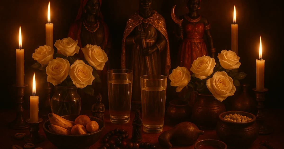 Altar de santería con velas encendidas y ofrendas a los Orishas