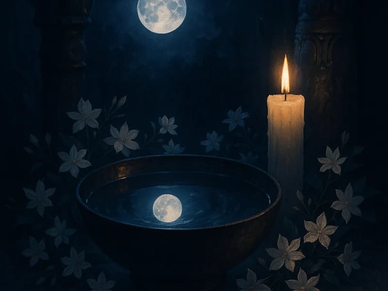 Altar de luna llena con velas blancas y plateadas reflejándose en agua