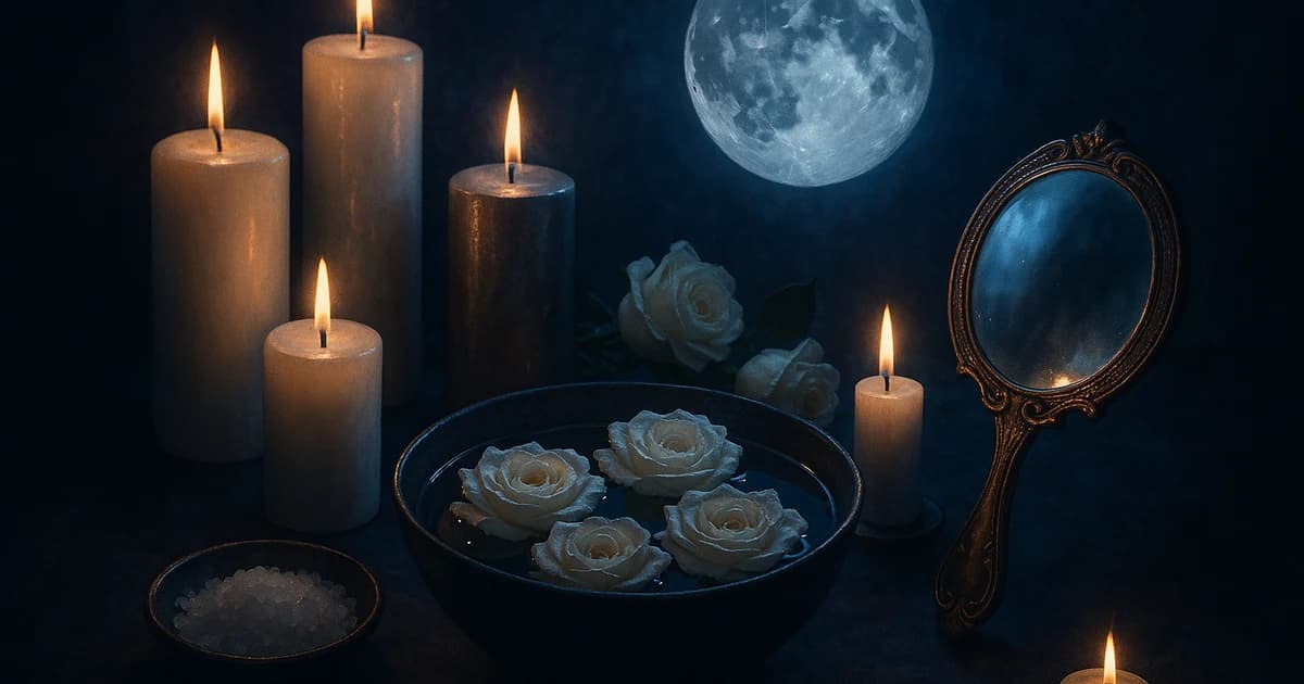 Altar de luna llena con velas blancas y plateadas bajo el resplandor lunar