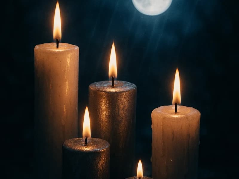 Velas blancas y plateadas encendidas bajo el resplandor de la luna llena