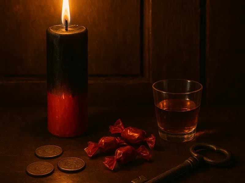 Altar a Elegguá con vela roja y negra, monedas y caramelos