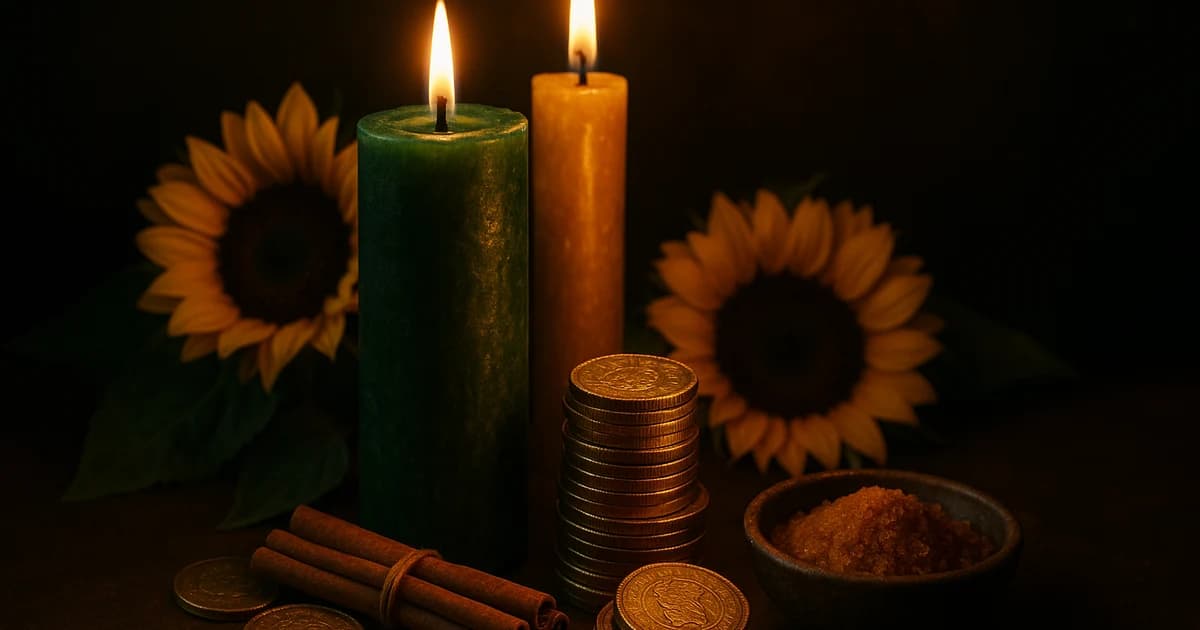 Altar de prosperidad con velas verdes y doradas, monedas, canela y girasoles