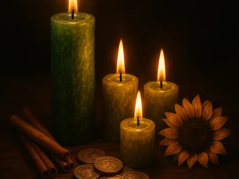 Velas verdes y doradas encendidas junto a monedas y canela