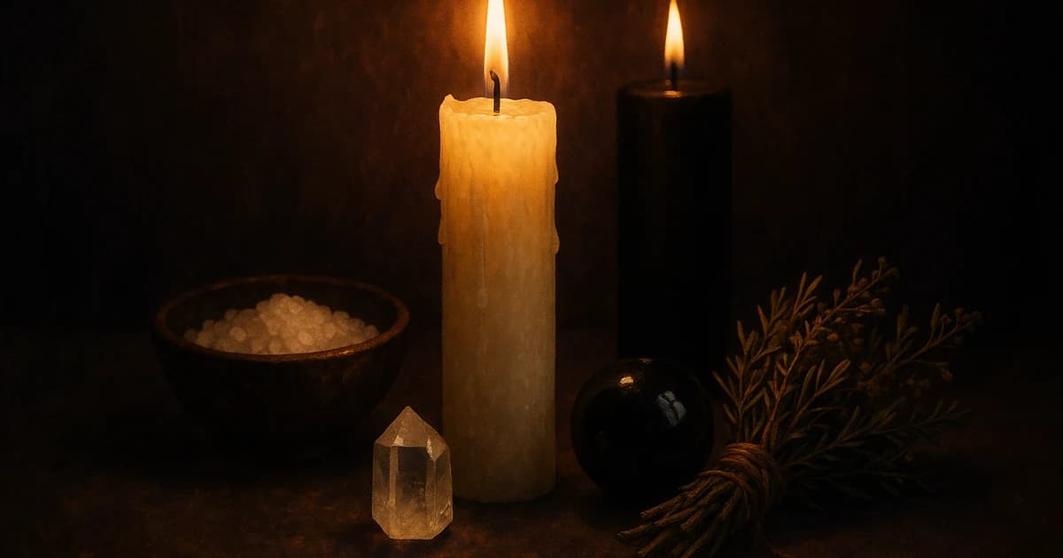 Altar de protección espiritual con velas blancas, sal marina y hierbas