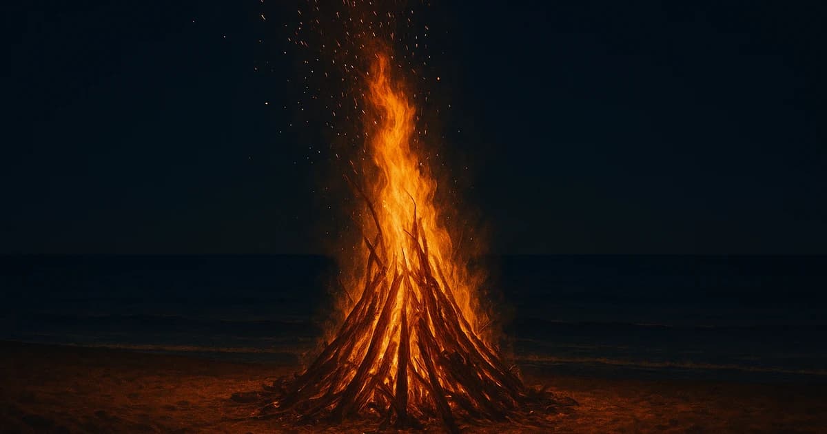 Hoguera de San Juan ardiendo en la playa bajo el cielo nocturno