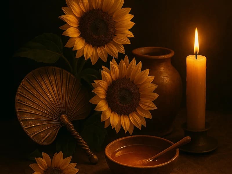 Altar yoruba de amor con miel, rosas y agua de río dedicado a Oshún