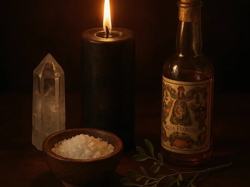 Altar de protección con vela negra, cuarzo y sal marina