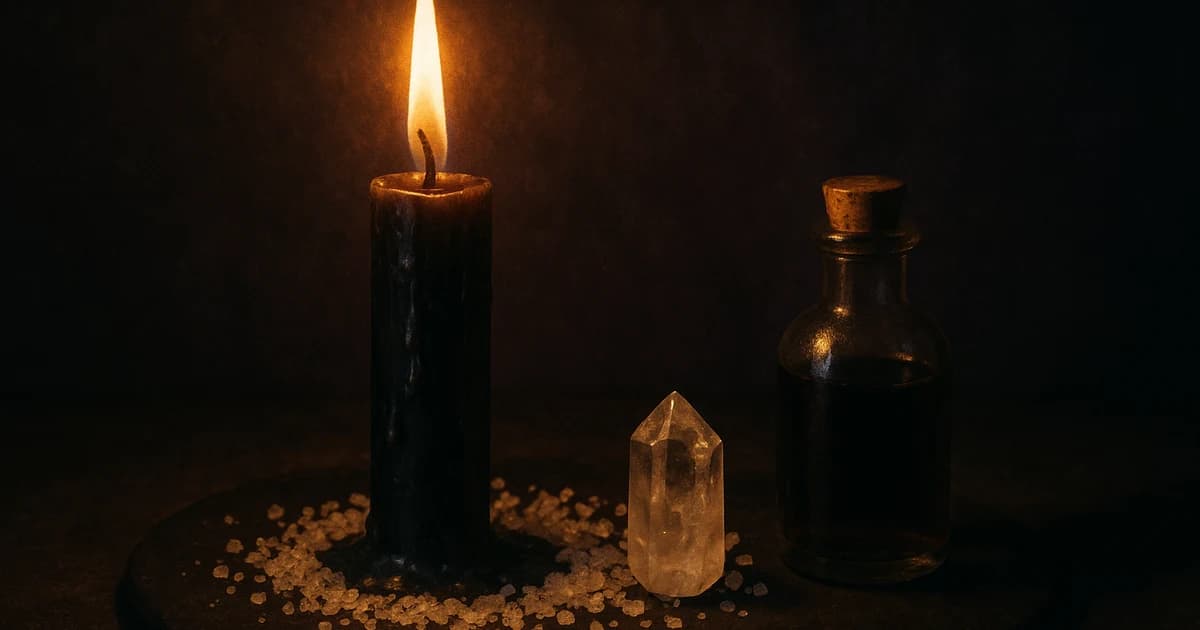 Vela negra encendida sobre un altar de santería con humo y ofrendas oscuras