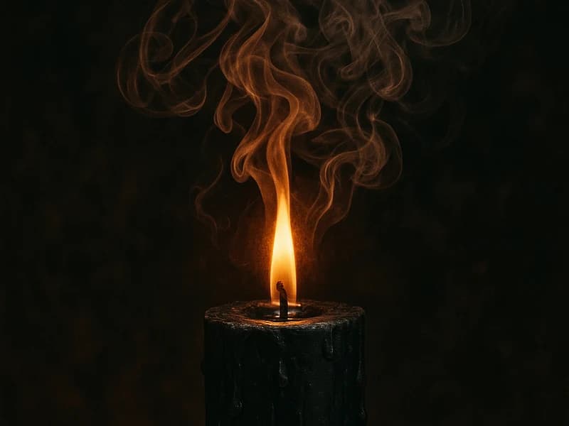 Vela negra encendida con humo elevándose sobre un altar de santería